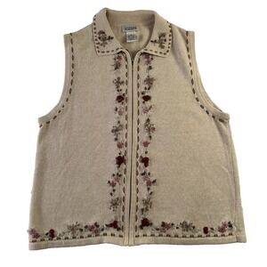 Vintage Classic Elements Sweater Vest Medium Embroidered Zip Up Cottagecore Boho